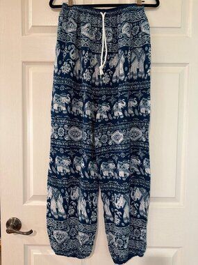 Elephant Print Boho Lounge Pants Navy & White Elastic Waist Drawstring Lightweig